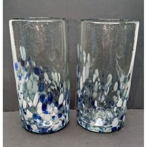 Vintage Hand Blown Art Glass Tumbler Glasses Clear Blue Confetti Speckle Set 2